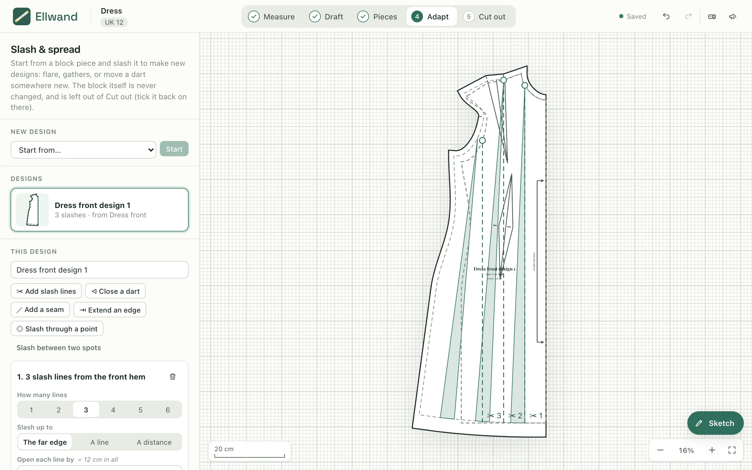 The Adapt stage: a dress front flared from the hem with three slash lines, the block dashed underneath